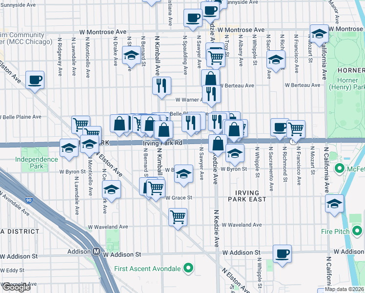map of restaurants, bars, coffee shops, grocery stores, and more near 3309 Irving Park Road in Chicago