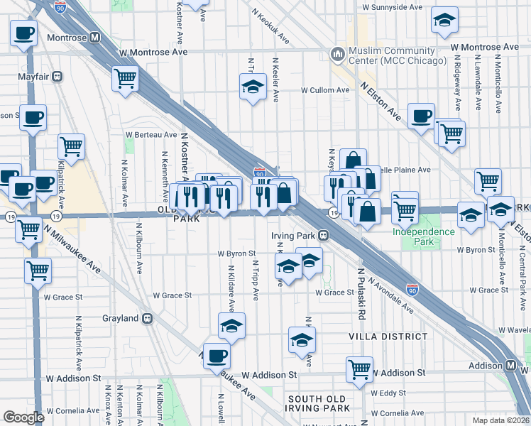 map of restaurants, bars, coffee shops, grocery stores, and more near 4223 Illinois 19 in Chicago