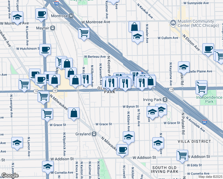 map of restaurants, bars, coffee shops, grocery stores, and more near 4401 Irving Park Road in Chicago