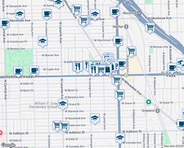 map of restaurants, bars, coffee shops, grocery stores, and more near 4949 West Irving Park Road in Chicago