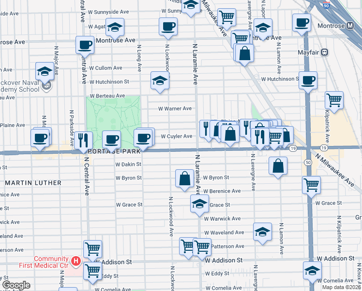 map of restaurants, bars, coffee shops, grocery stores, and more near 5244 Irving Park Road in Chicago