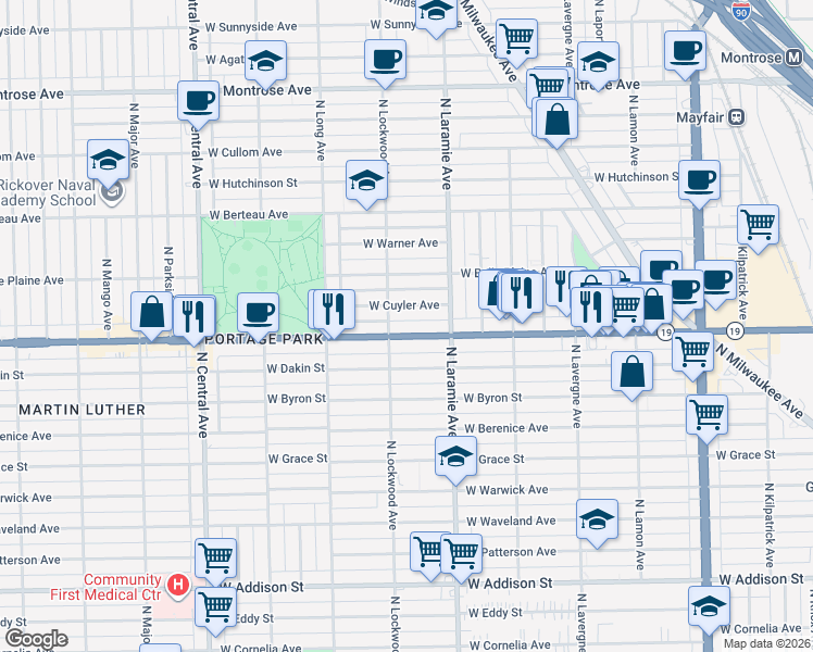 map of restaurants, bars, coffee shops, grocery stores, and more near 5244 Irving Park Road in Chicago