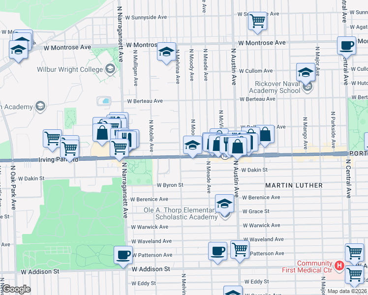 map of restaurants, bars, coffee shops, grocery stores, and more near 4017 North Melvina Avenue in Chicago