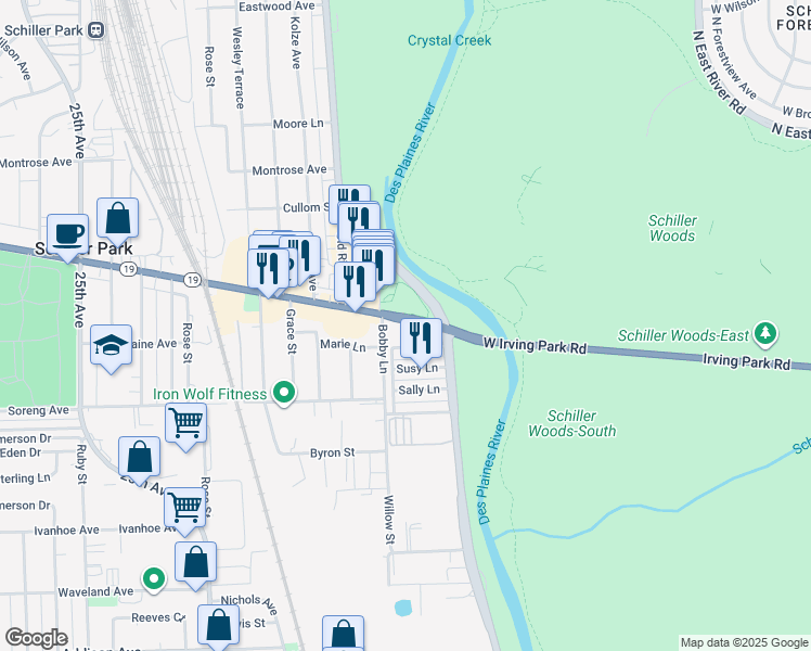 map of restaurants, bars, coffee shops, grocery stores, and more near 9227 Irving Park Road in Schiller Park