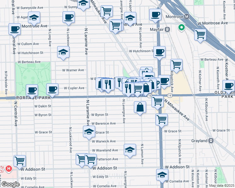 map of restaurants, bars, coffee shops, grocery stores, and more near 5018 Irving Park Road in Chicago
