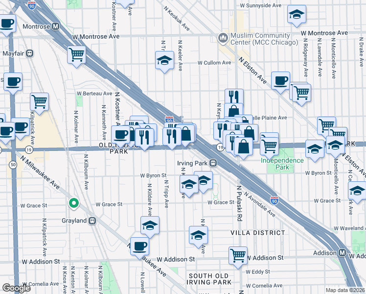 map of restaurants, bars, coffee shops, grocery stores, and more near W Irving Park Rd & N Keeler Ave in Chicago