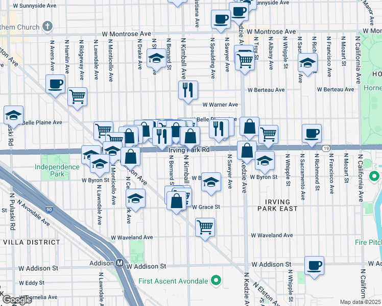 map of restaurants, bars, coffee shops, grocery stores, and more near 3951 North Kimball Avenue in Chicago