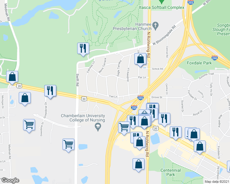 map of restaurants, bars, coffee shops, grocery stores, and more near 5N260 Eagle Terrace in Itasca