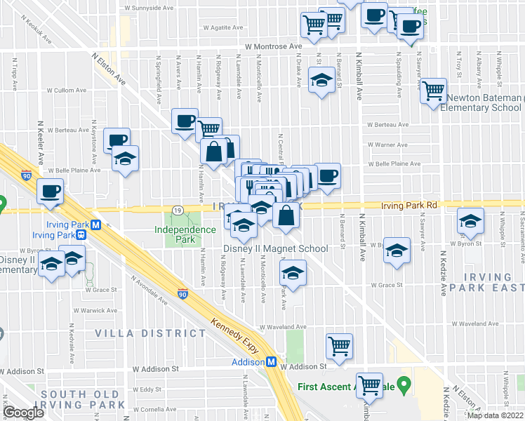 map of restaurants, bars, coffee shops, grocery stores, and more near North Elston Avenue & North Monticello Avenue in Chicago