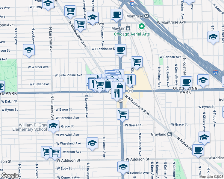map of restaurants, bars, coffee shops, grocery stores, and more near 4828 Illinois 19 in Chicago