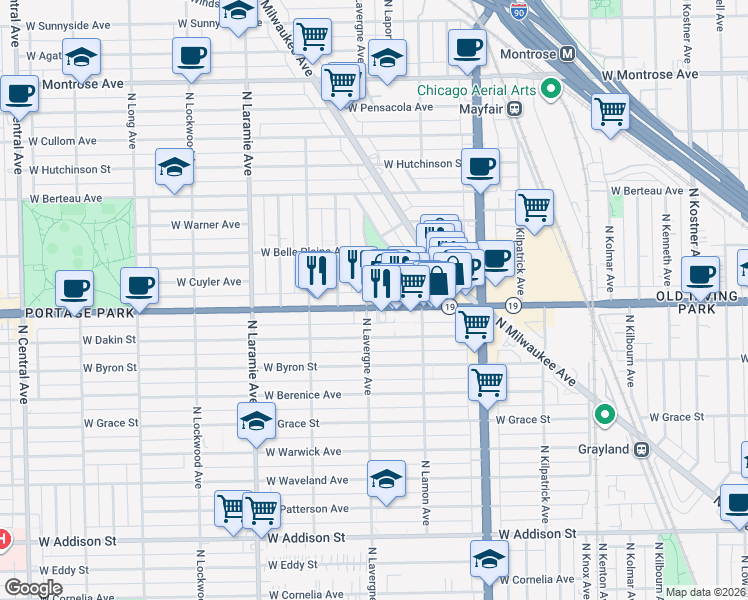 map of restaurants, bars, coffee shops, grocery stores, and more near 4949 West Irving Park Road in Chicago