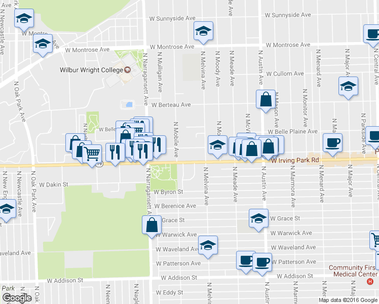 map of restaurants, bars, coffee shops, grocery stores, and more near 6233 West Cuyler Avenue in Chicago