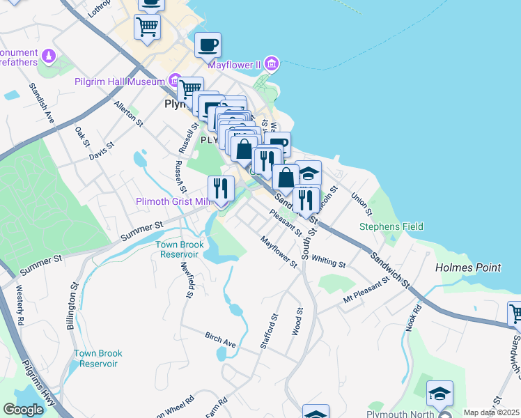 map of restaurants, bars, coffee shops, grocery stores, and more near 1 Sagamore Street in Plymouth