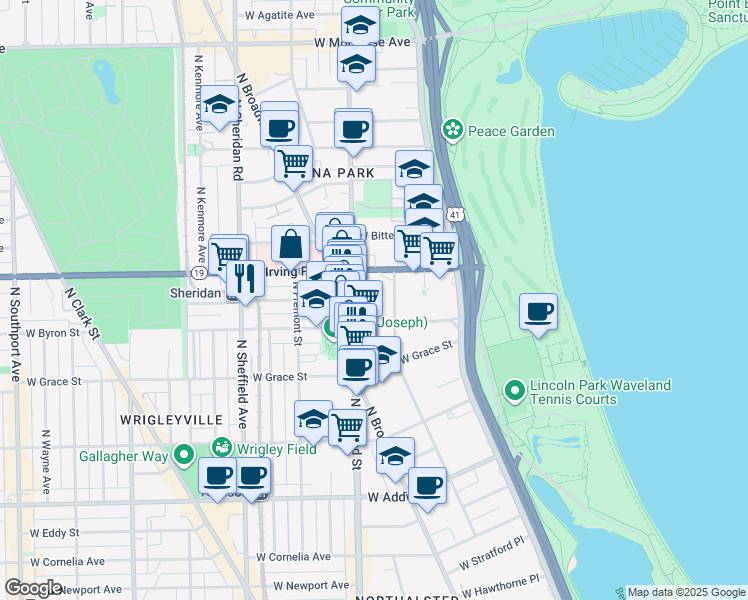 map of restaurants, bars, coffee shops, grocery stores, and more near 3924 North Pine Grove Avenue in Chicago