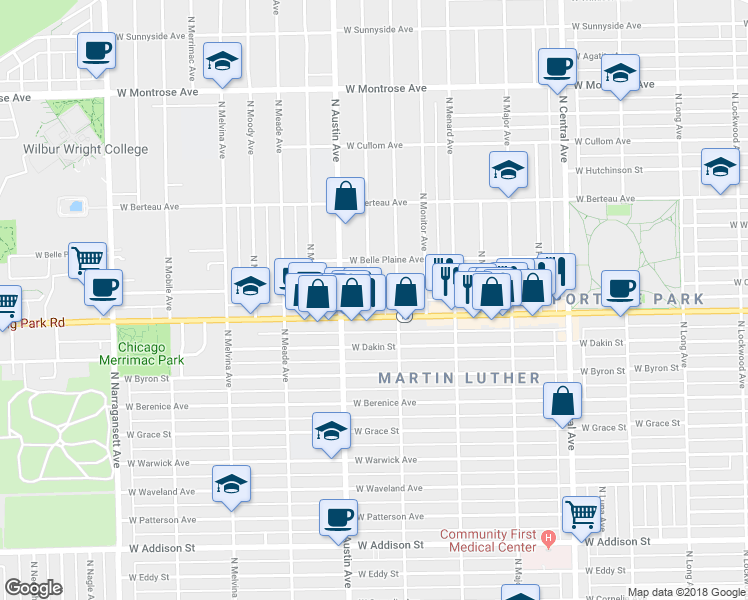 map of restaurants, bars, coffee shops, grocery stores, and more near 4017 North Mason Avenue in Chicago