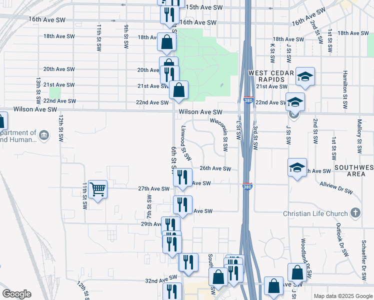 map of restaurants, bars, coffee shops, grocery stores, and more near 2507 Linwood Street Southwest in Cedar Rapids
