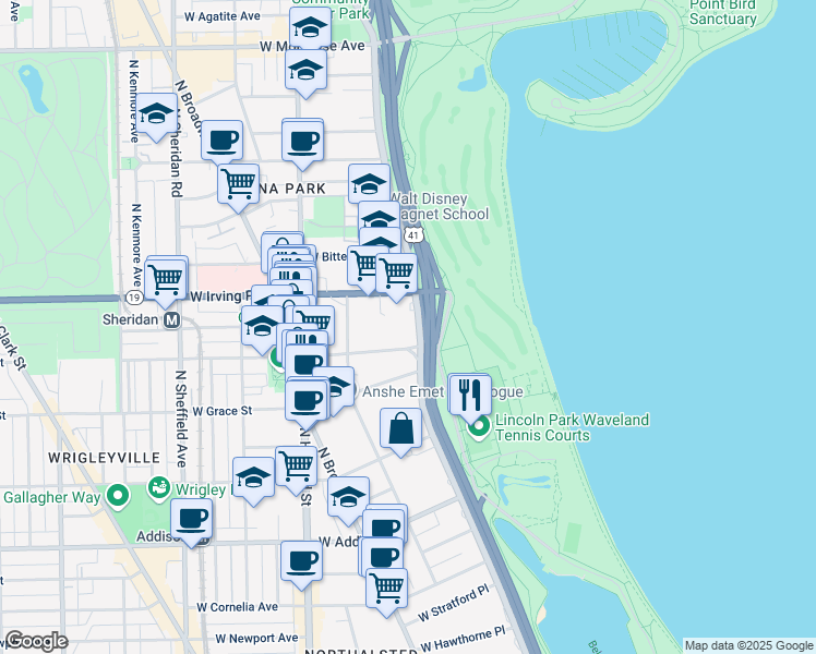 map of restaurants, bars, coffee shops, grocery stores, and more near 3900 North Lake Shore Drive in Chicago