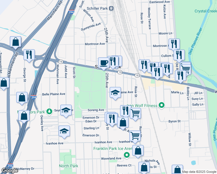 map of restaurants, bars, coffee shops, grocery stores, and more near 4121 25th Avenue in Schiller Park