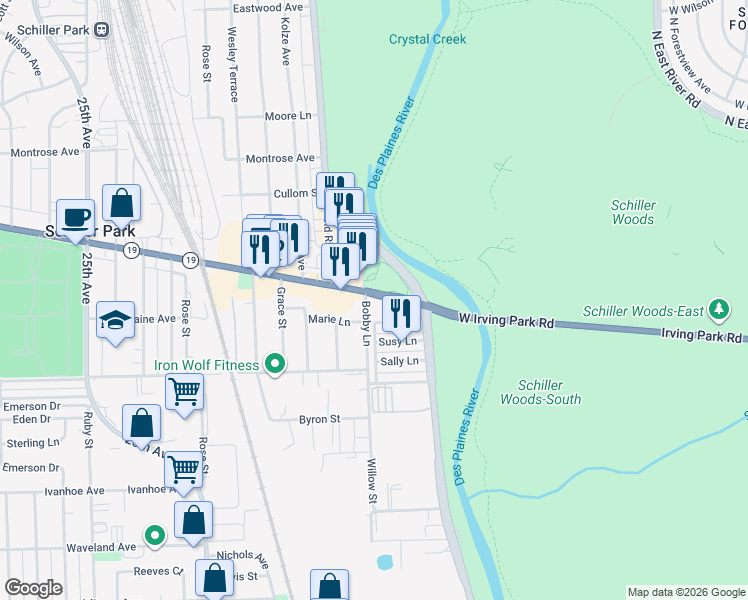map of restaurants, bars, coffee shops, grocery stores, and more near 9227 Irving Park Road in Schiller Park