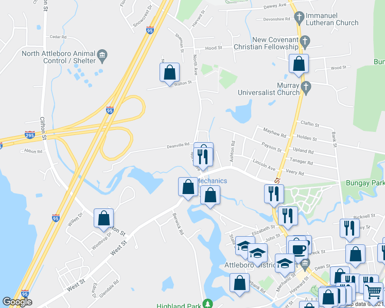 map of restaurants, bars, coffee shops, grocery stores, and more near 17 North Avenue in Attleboro