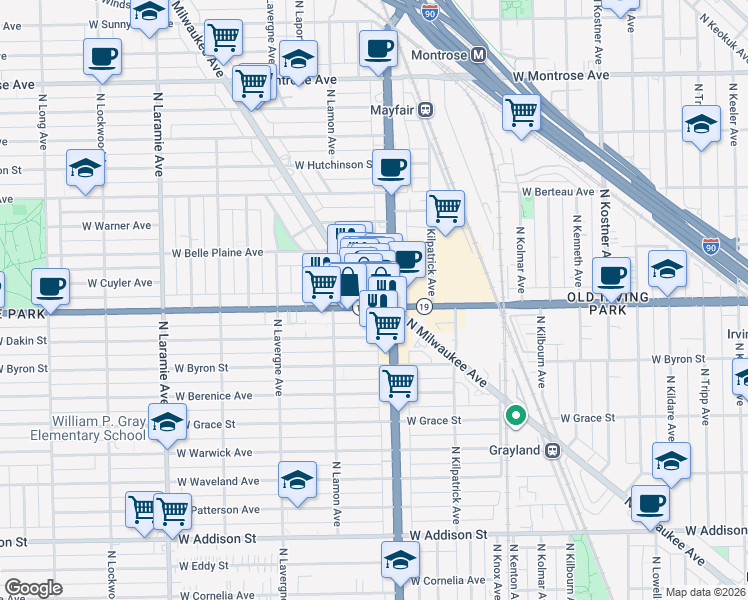 map of restaurants, bars, coffee shops, grocery stores, and more near 4828 Illinois 19 in Chicago
