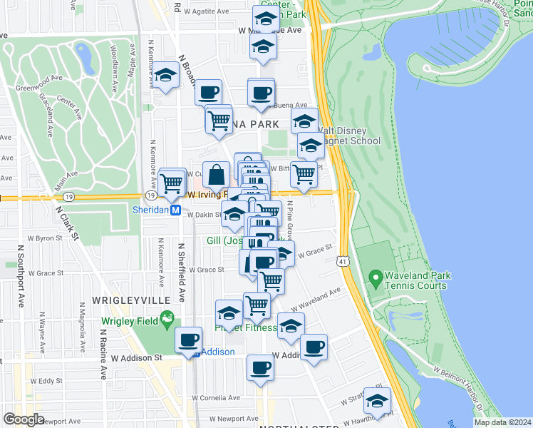 map of restaurants, bars, coffee shops, grocery stores, and more near 3931 North Clarendon Avenue in Chicago