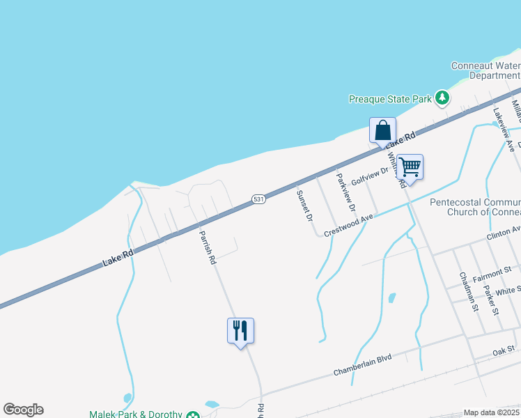 map of restaurants, bars, coffee shops, grocery stores, and more near 1119 Lake Road in Conneaut