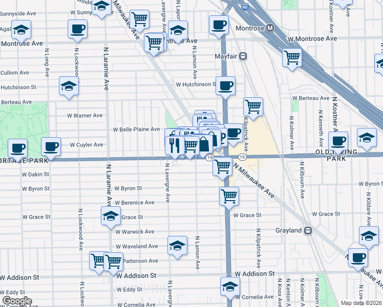 map of restaurants, bars, coffee shops, grocery stores, and more near 4900 Irving Park Road in Chicago