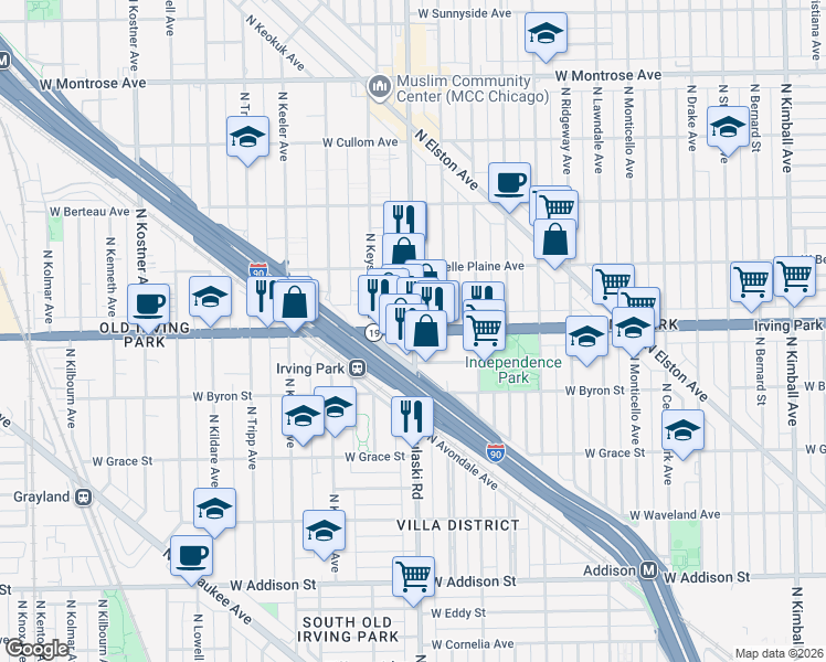 map of restaurants, bars, coffee shops, grocery stores, and more near W Irving Park Rd & N Pulaski Rd in Chicago