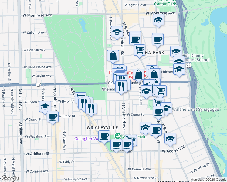 map of restaurants, bars, coffee shops, grocery stores, and more near 1032 West Dakin Street in Chicago