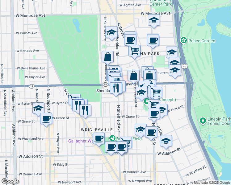 map of restaurants, bars, coffee shops, grocery stores, and more near 1022 West Dakin Street in Chicago