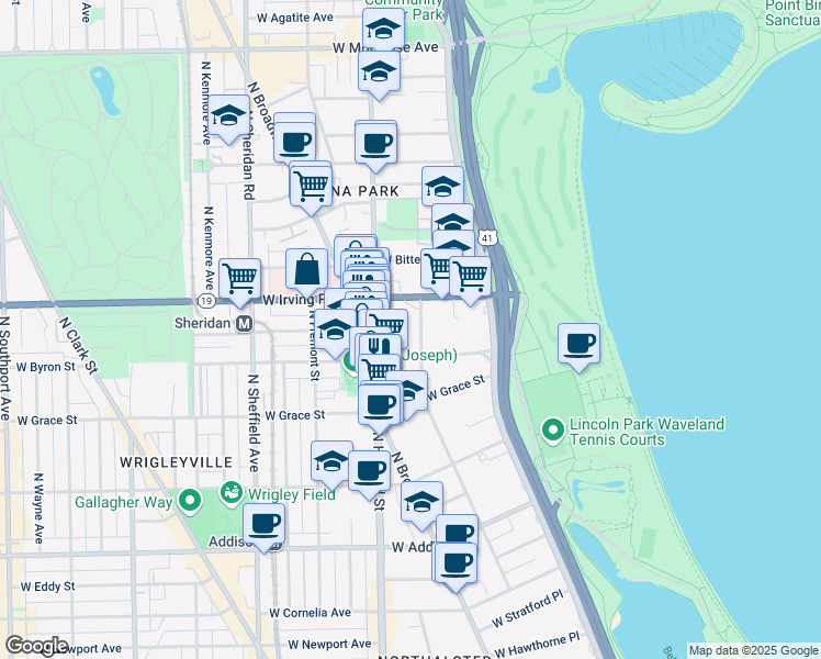 map of restaurants, bars, coffee shops, grocery stores, and more near 3928 North Pine Grove Avenue in Chicago