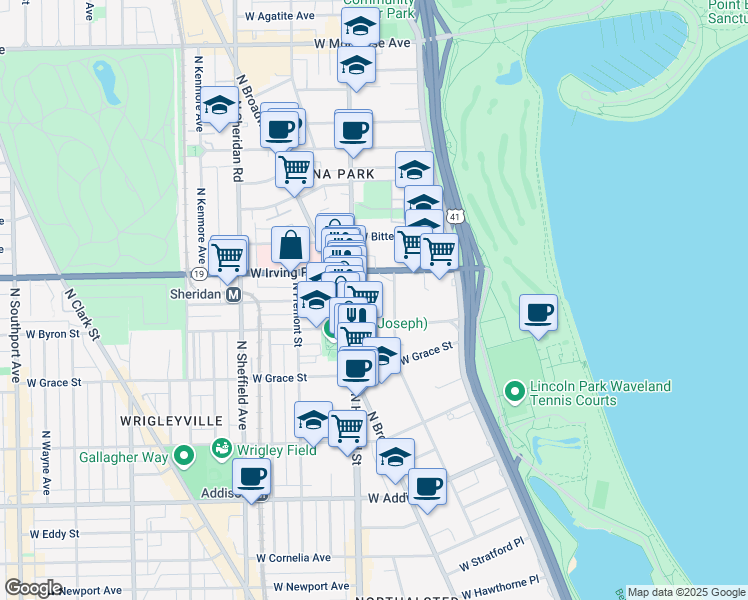 map of restaurants, bars, coffee shops, grocery stores, and more near 3920 North Pine Grove Avenue in Chicago