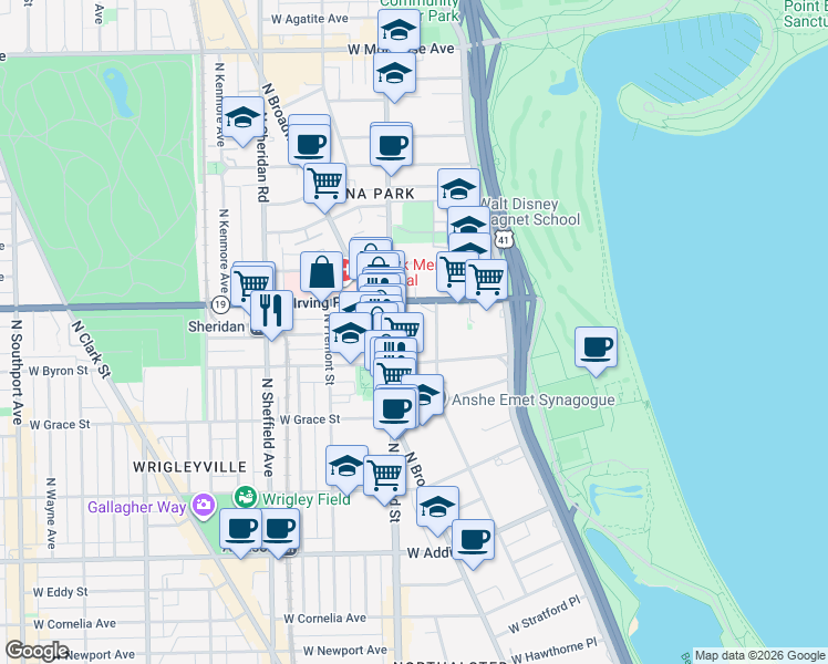 map of restaurants, bars, coffee shops, grocery stores, and more near 3928 North Pine Grove Avenue in Chicago