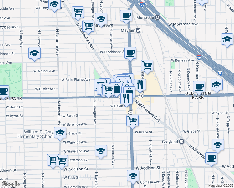 map of restaurants, bars, coffee shops, grocery stores, and more near 4828 Illinois 19 in Chicago
