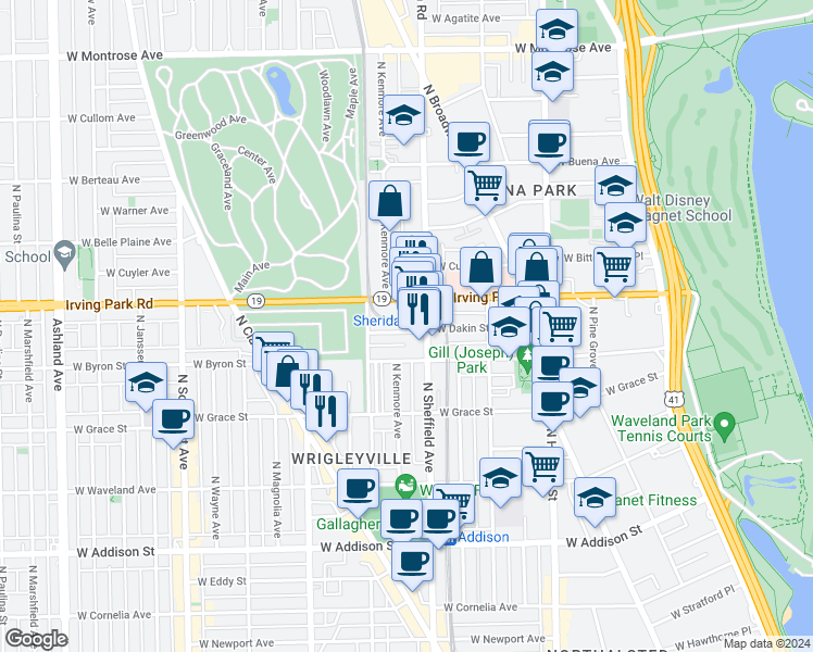 map of restaurants, bars, coffee shops, grocery stores, and more near 1016 West Dakin Street in Chicago