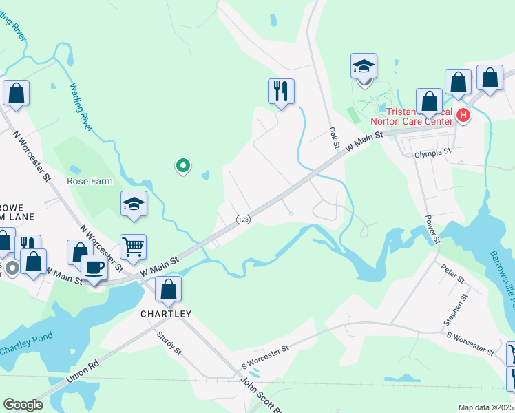 map of restaurants, bars, coffee shops, grocery stores, and more near 269 West Main Street in Norton