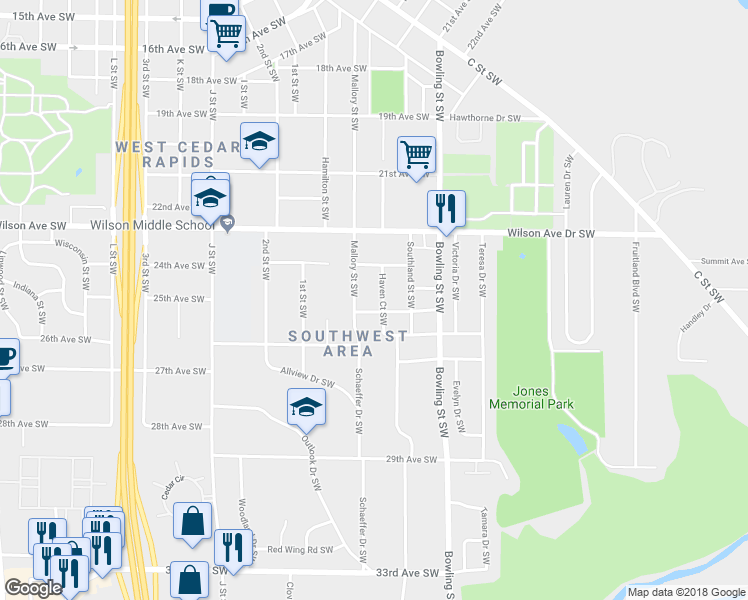 map of restaurants, bars, coffee shops, grocery stores, and more near 2434 Haven Court Southwest in Cedar Rapids