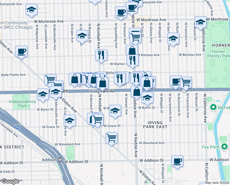 map of restaurants, bars, coffee shops, grocery stores, and more near 3309 Irving Park Road in Chicago