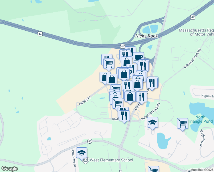 map of restaurants, bars, coffee shops, grocery stores, and more near Colony Place in Plymouth