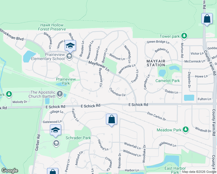 map of restaurants, bars, coffee shops, grocery stores, and more near 1632 Columbia Circle in Bartlett