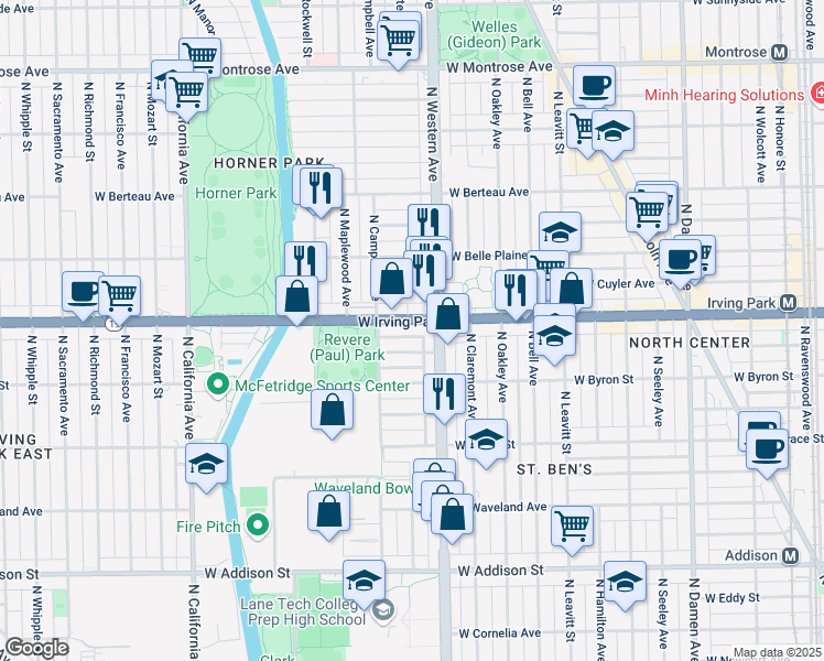 map of restaurants, bars, coffee shops, grocery stores, and more near 2440 West Dakin Street in Chicago