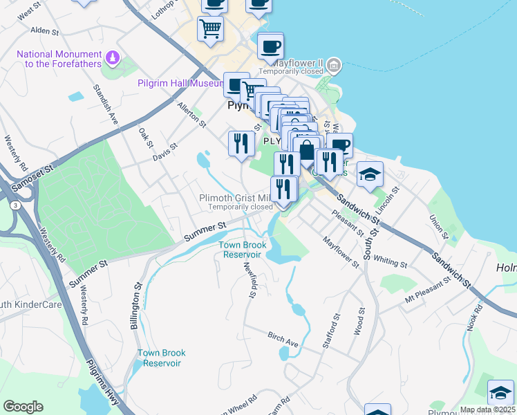 map of restaurants, bars, coffee shops, grocery stores, and more near 70 Summer Street in Plymouth