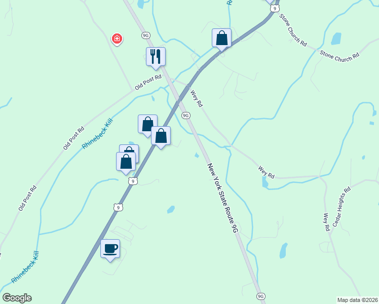 map of restaurants, bars, coffee shops, grocery stores, and more near 3581 New York 9G in Rhinebeck