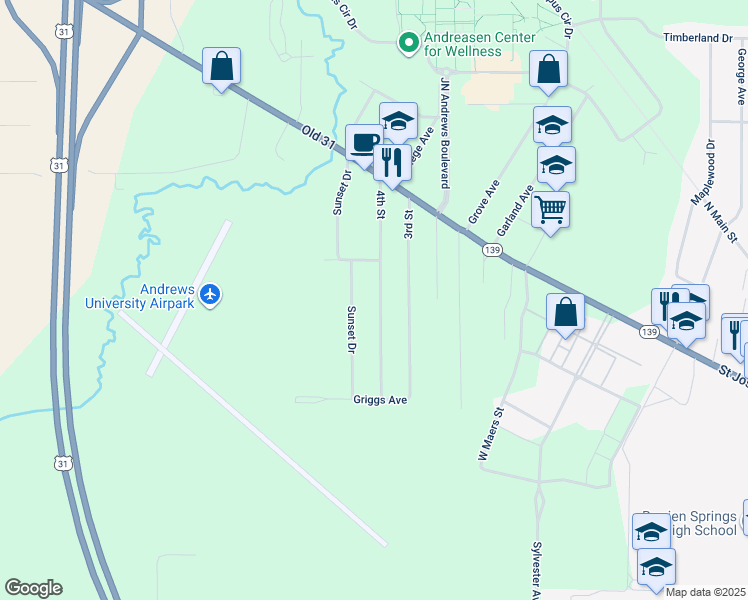 map of restaurants, bars, coffee shops, grocery stores, and more near 9133 Sunset Drive in Berrien Springs