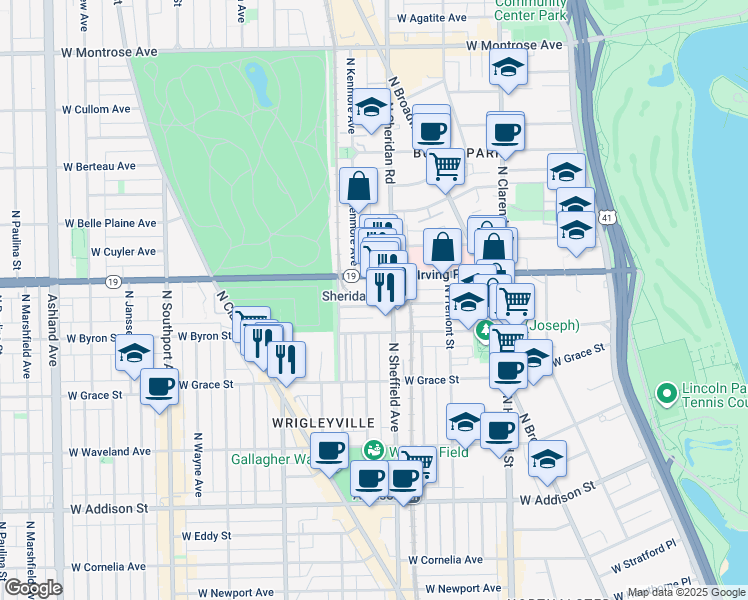 map of restaurants, bars, coffee shops, grocery stores, and more near 1022 West Dakin Street in Chicago