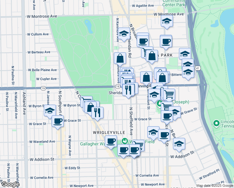 map of restaurants, bars, coffee shops, grocery stores, and more near 1059 West Dakin Street in Chicago