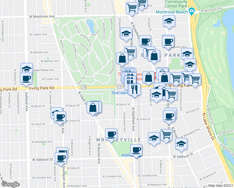 map of restaurants, bars, coffee shops, grocery stores, and more near 1059 West Dakin Street in Chicago