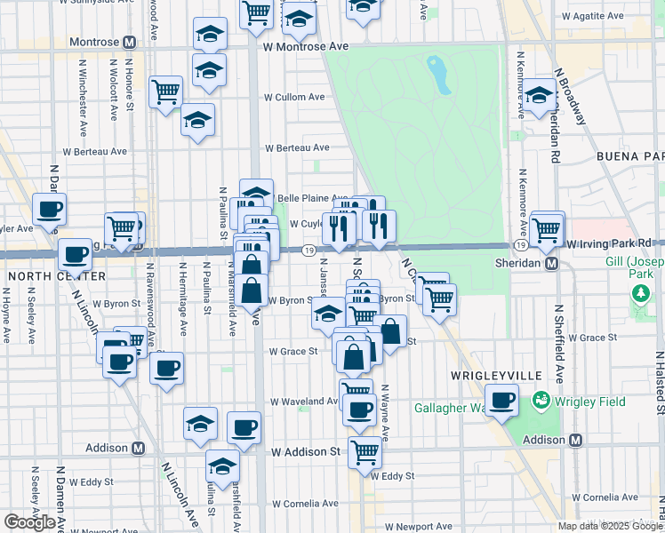 map of restaurants, bars, coffee shops, grocery stores, and more near 3934 North Janssen Avenue in Chicago
