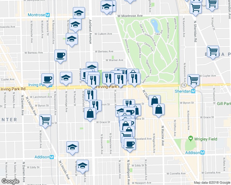 map of restaurants, bars, coffee shops, grocery stores, and more near 3934 North Janssen Avenue in Chicago